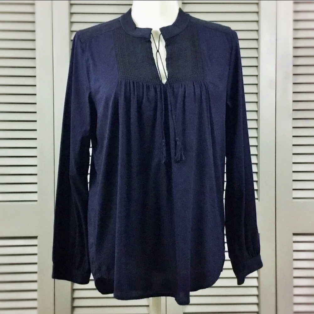 J. Crew Factory Navy Long Sleeve Boho Peasant Top - Picture 2 of 8